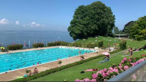 une grande piscine avec de nombreuses personnes dans l'établissement Vintage avec parking face aux thermes, à Évian-les-Bains