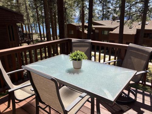 a table with a potted plant on a deck at Tahoe Enchantment in Zephyr Cove