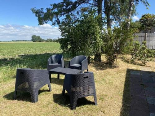 three chairs and a table sitting on the grass at Charming Cottage in Räng Sand in Höllviken