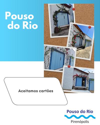 a collage of photos of a house with a blue door at Pouso do Rio in Pirenópolis