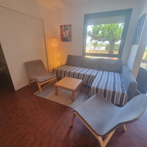 un salon avec un canapé et une fenêtre dans l'établissement EMPLACEMENT EXCEPTIONNEL,FRONT DE MER, Appt 4 couchages, RDC, Allée des Arts, au Barcarès