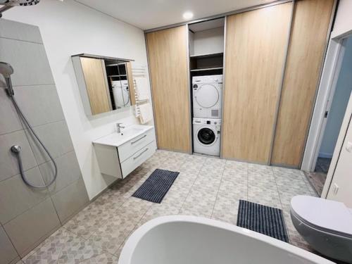 a bathroom with a sink and a washing machine at Menulio Misko Nights in Vilkija