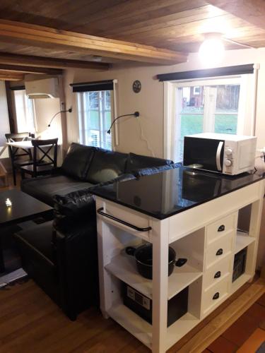 a living room with a couch and a table with a microwave at Easily accessible cabin with woodburner outside Hässleholm in Hörja