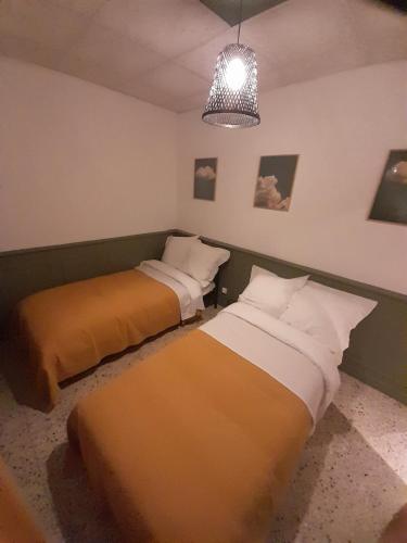 une chambre avec deux lits et un lustre dans l'établissement Maison de village rénovée au pied des alpilles, à Mollégès