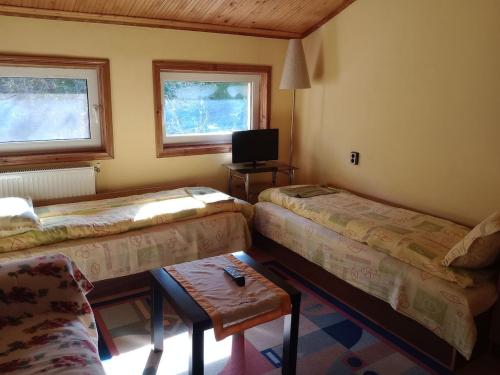 a room with two beds and a tv in it at Riverlyn Guest House in Ribarica