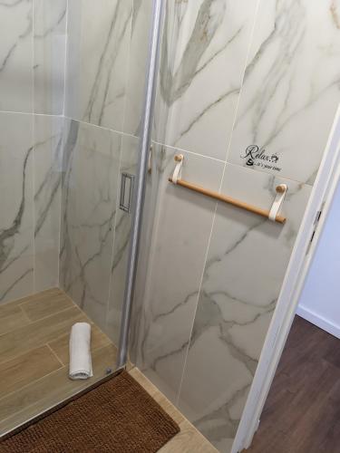 a shower stall with a roll of toilet paper in a bathroom at Alto do Sossego in Nordeste