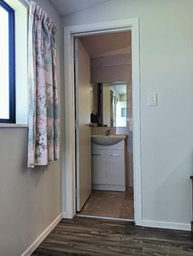 a bathroom with a sink and a mirror in a room at 2 double and 1 sofa beds garden chalet, 7D Salisbury Road, Rotorua in Rotorua