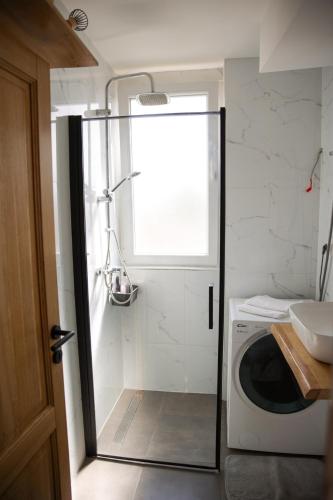 a bathroom with a shower and a washing machine at Roza Cozy Apartment in Vinkovci