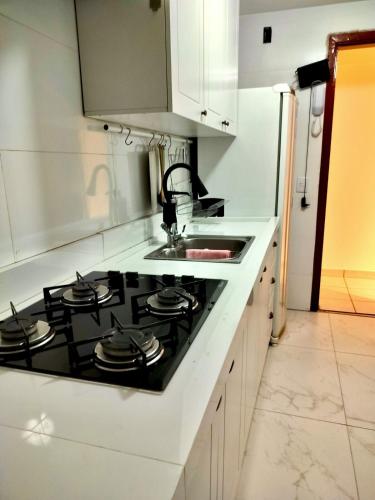 a kitchen with a stove and a sink at Apartamento completo no coração de Goiânia in Goiânia