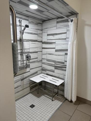 a bathroom with a shower with a table in it at Parkview Inn & Suites, Lancaster Amish Country, PA in Lancaster