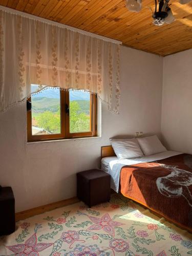 a bedroom with a bed and a window at Prespa`s Balcony Guesthouse in Gorica e Vogël