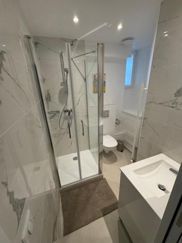 une salle de bain avec une douche, des toilettes et un lavabo dans l'établissement Sur les toits de Paris, à Paris