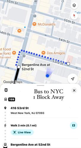 a screenshot of a google map with a bus to nsync at The Mirage Stay 3 Bedroom Apt 20 Min to NYC in West New York