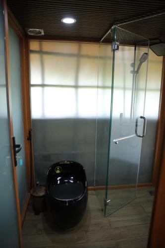 a bathroom with a glass shower with a toilet at Upes Garden Homestay Bien Ho in Bien Ho