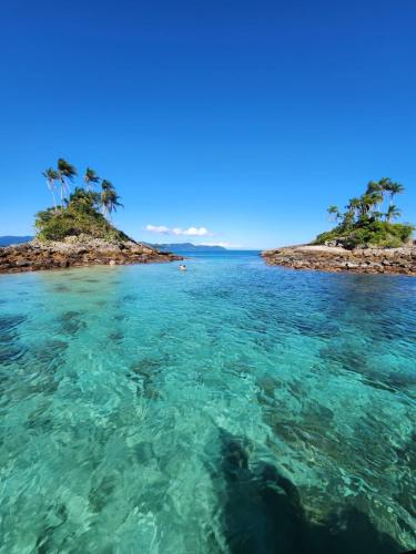 an island with palm trees in the water at Passeios de lancha em Angra dos Reis in Angra dos Reis