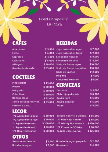 a menu for a restaurant with flowers on it at Hotel Campestre la Playa in Betania