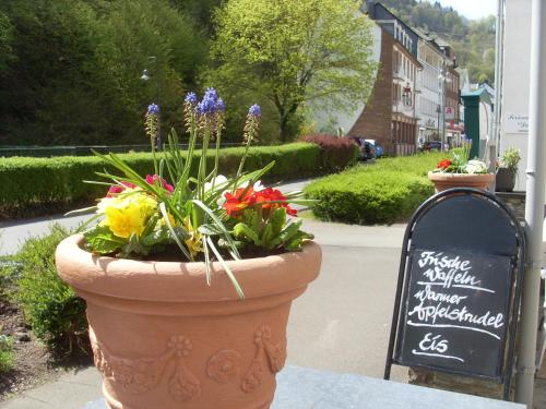 a large pot of flowers sitting next to a sign at Gästehaus Viktoria in Bad Bertrich