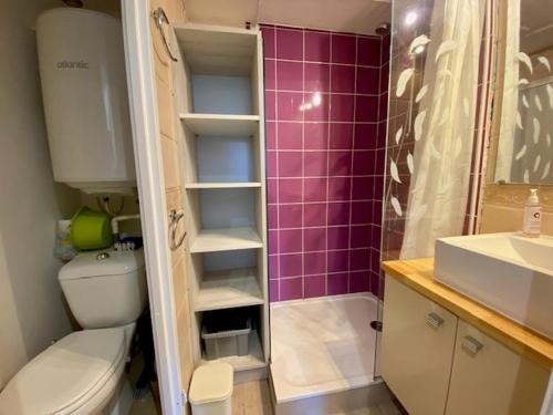 une salle de bain avec toilettes, lavabo et douche dans l'établissement Maison de vacances avec piscine et parking à Loupian - FR-1-604-55, à Loupian