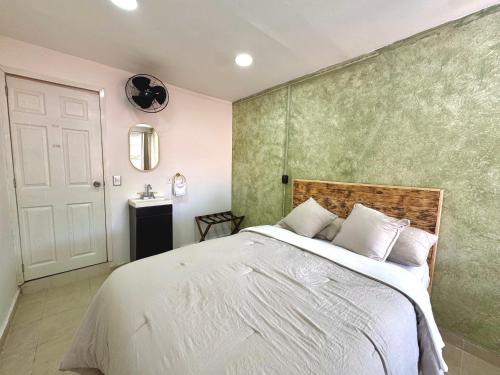 a bedroom with a bed and a green wall at Casa Palma in Xochitepec