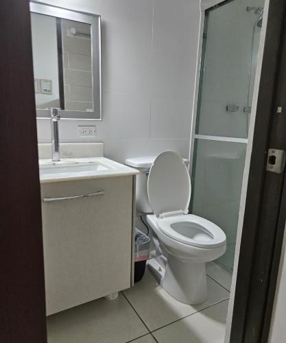 a bathroom with a toilet and a sink and a shower at Apartamento #6 cómodo, Tranquilo, Elegante cerca de la estación del metro de la cincuentenario in Panama City