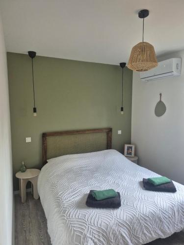 une chambre avec un lit avec deux oreillers dessus dans l'établissement Maison La Praline, à Arnas