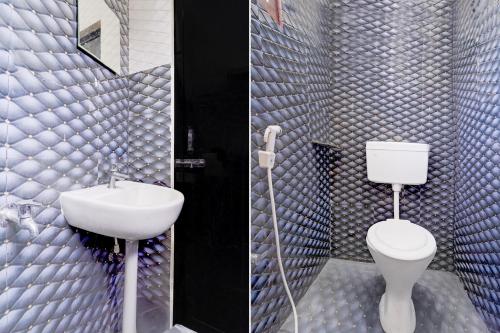 two pictures of a bathroom with a toilet and a sink at Super Hotel O Nagamalaipudukottai Madurai in Madurai