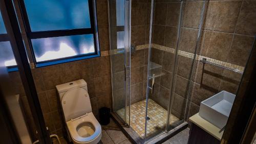 a bathroom with a toilet and a shower at Ondjo Yetu in Benoni