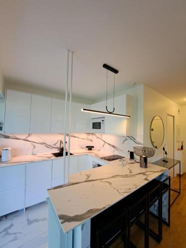 une grande cuisine avec un grand comptoir en marbre dans l'établissement La Croisette Côté Lac, à Créteil