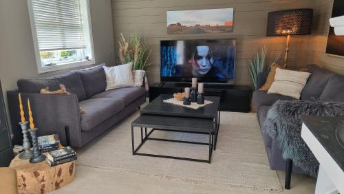 a living room with a couch and a tv at Hus med fin uteplass - nær E39, natur og shopping in Sandnes