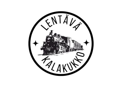 an image of a train in a circle with the words railway akushima at Lentävä Kalakukko -Veturi B&B in Kuopio
