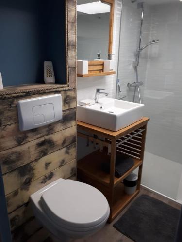 une salle de bain avec des toilettes blanches et un lavabo dans l'établissement Maison bord de mer 3 chambres, à Les Sables-dʼOlonne