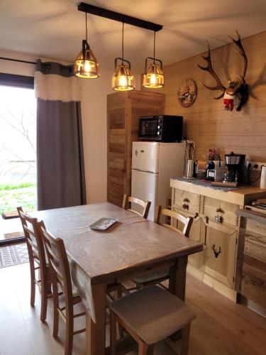 Il comprend une cuisine équipée d'une table et de chaises. dans l'établissement Appartement 2 chambres vue lac, aux Angles
