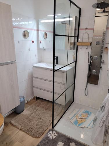 une salle de bain avec une douche en verre et un lavabo dans l'établissement Appartement 2 chambres vue lac, aux Angles