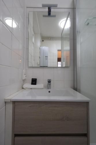 une salle de bain avec un lavabo et un miroir dans l'établissement Vernouillet charmant T3 situé à deux pas du centre, à Reims