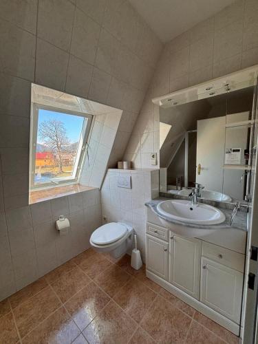 a bathroom with a toilet and a sink and a window at Gästehaus Steiner in Spielberg