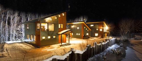 a row of houses in the snow at night at Niseko East Mountain in Niseko