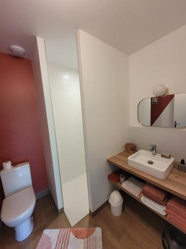 a bathroom with a toilet and a sink at Maison à la campagne proche de La Rochelle in Sainte-Soulle