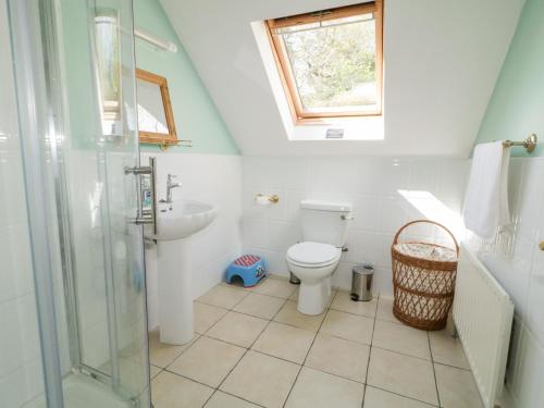 a bathroom with a toilet and a sink and a window at Mill House 