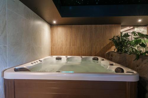 a large bath tub in a bathroom with a plant at Hotel Le Mont Medical & SPA in Świeradów-Zdrój