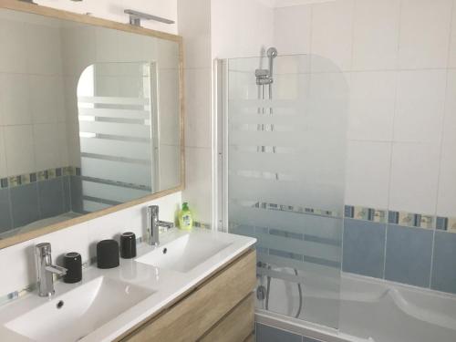 une salle de bain avec un lavabo, un miroir et une baignoire dans l'établissement À Royan chez Antoine, à Royan