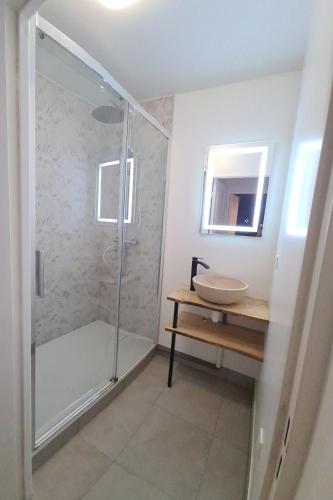 une salle de bain avec douche et lavabo dans l'établissement Spot idéal à 800m de la plage, à Blonville-sur-Mer