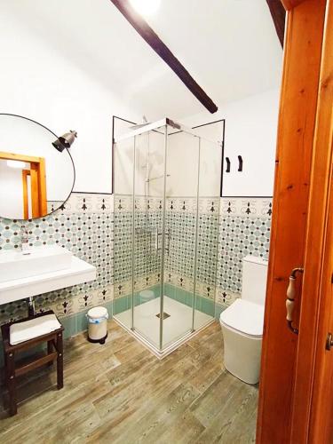 a bathroom with a shower and a toilet and a sink at La Calderera in Talarrubias