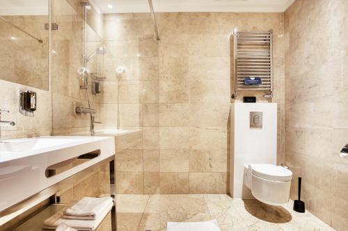 a bathroom with a sink and a toilet and a shower at Copernicus Toruń Hotel in Toruń