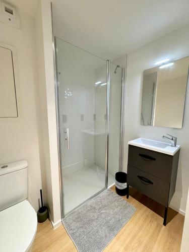 une salle de bain avec une douche, un lavabo et des toilettes dans l'établissement We Live Inn Sharies Reims B303, à Reims
