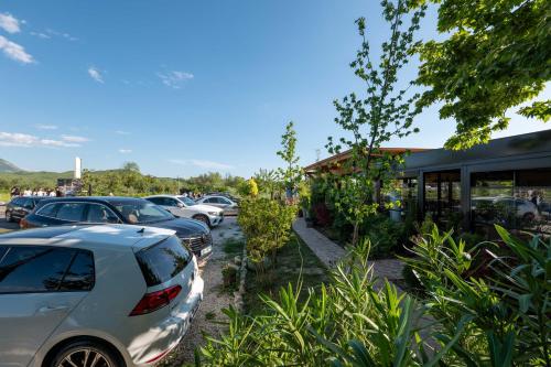 a parking lot with cars parked in front of a building at Mesopotam Agrotourism Resort in Sarandë
