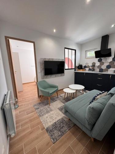 un salon avec un canapé et une télévision dans l'établissement Logement cosy avec terrasse, à Villeparisis