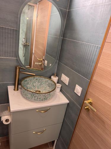 une salle de bain avec un lavabo et un miroir dans l'établissement Logement cosy avec terrasse, à Villeparisis