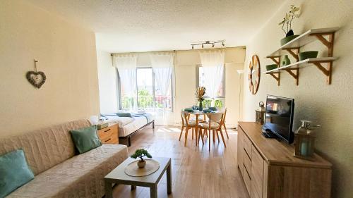 un salon avec un canapé et une télévision dans l'établissement Lyly Home, au Cap d'Agde