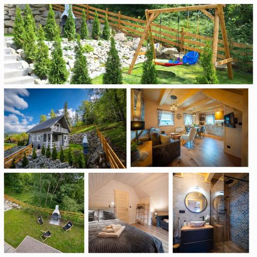 a collage of pictures of a house with trees at Domki u Sosny - Nowoczesne domki na wyłączność, spokojna okolica blisko lasu i szlaku, 1,2 km od centrum Brennej in Brenna