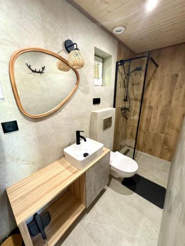 a bathroom with a sink and a shower and a toilet at Domki przy lesie 300m od jeziora 509-619-803 in Zawóz
